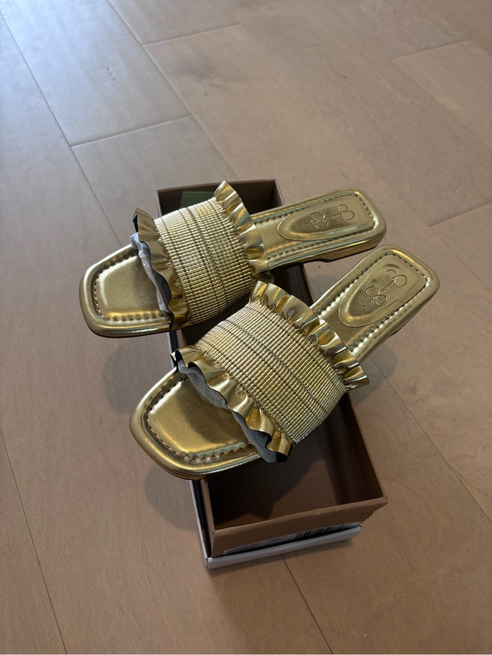 Jessica Simpson Gold Ruffle Slide Sandals